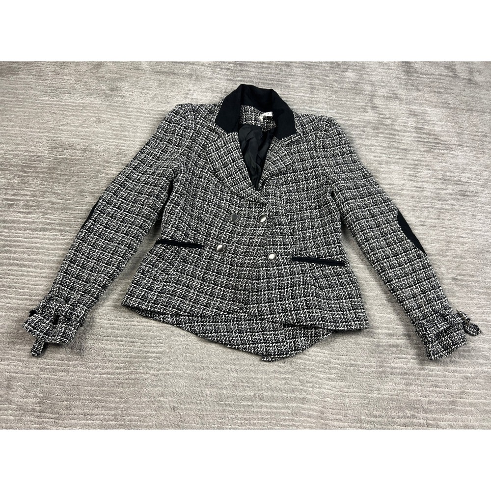 Willow & Clay Blazer Womens Small Black White Tweed Double Breasted Elbow Patch